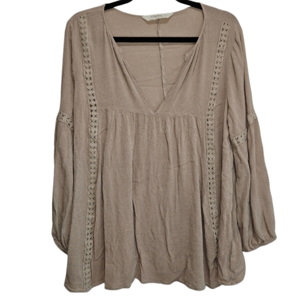 Women Size Large Top Rokoko by Dazz Blouse Shirt Taupe Tan Light Brown Boho USA
